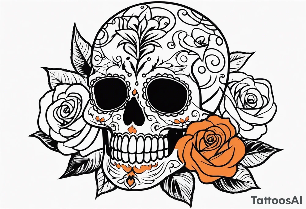 Sugar skull with roses that are orange and black tattoo idea