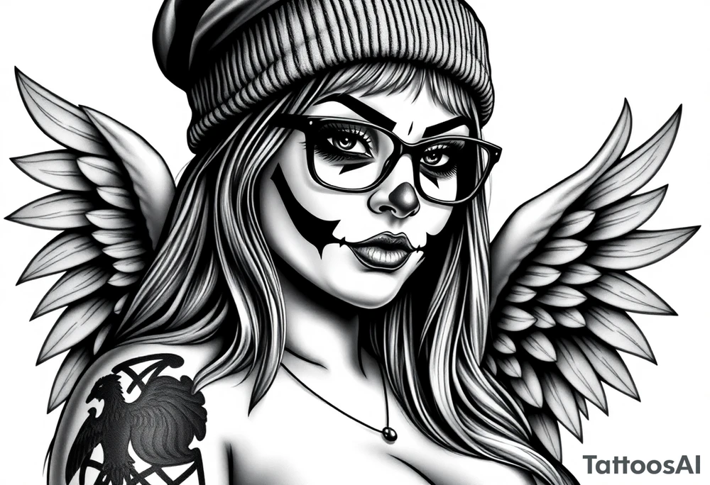 Chicana BBL fat sexy chunky plus size beautiful long hair clown makeup angel wings thug beanie eyeglasses tattoo idea