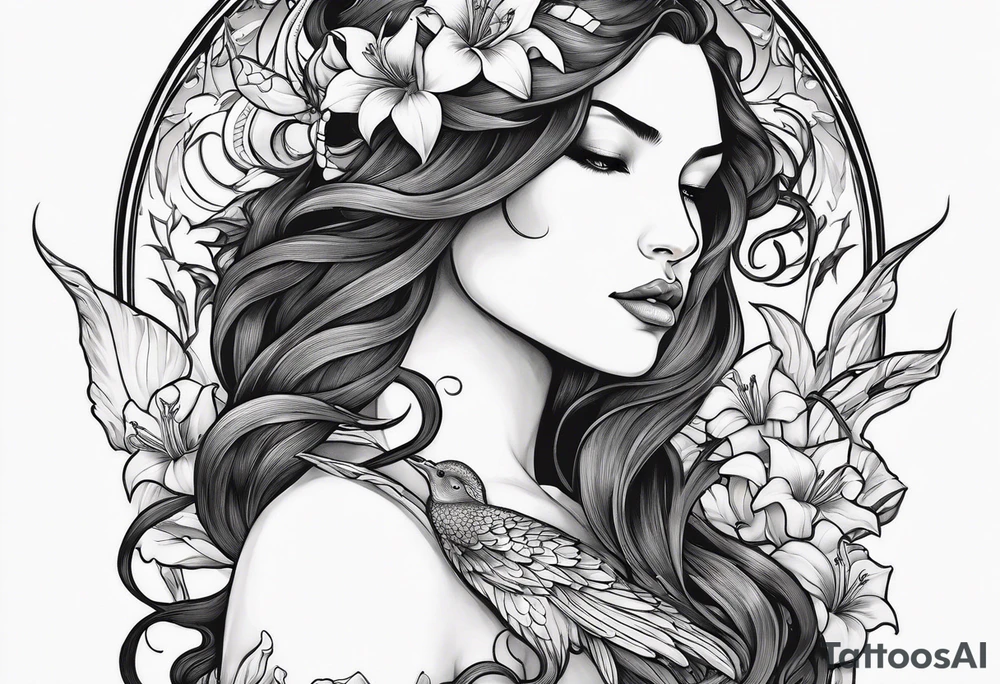 a side view of the goddess lilith holding a serpent and surrounded by lilies tattoo idea
