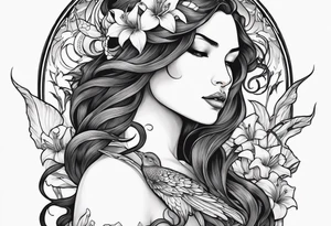 a side view of the goddess lilith holding a serpent and surrounded by lilies tattoo idea
