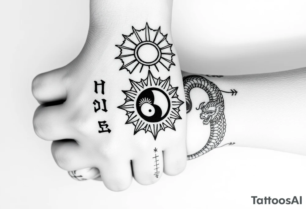 Full blackwork tattoo from hand to elbow.
	•	Hand centerpiece: Vegvisir in rough rune style, surrounded by a radiant Thai sun disc.
	•	Fingers: One rune on each — Tiwaz (thumb), Eiwaz, Algiz, Sowilo, Ansuz (pinky) — in carved bone style.
	•	Forearm: A coiling dragon/serpent with Japanese flow and a Nordic beast head.
	•	Inside dragon loop: Yin-Yang with broken runic circle; optional tiny sun & moon inside.
	•	Inner forearm: Vertical script — either Japanese (武士道) or Old Norse runes (ᚺᚢᚷᚱ ᛖᚱ ᛋᛏᛖᚱᚲᚱ).
	•	Background: Nordic knotwork, Thai swirls, Japanese wave lines. tattoo idea
