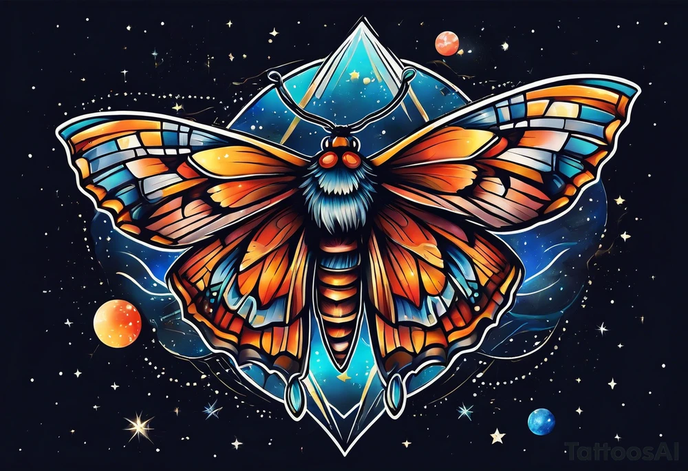 small Moth flying into outer space tattoo idea