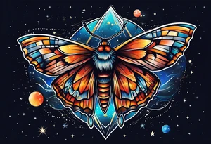 small Moth flying into outer space tattoo idea