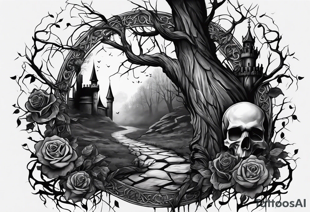 tattoo fool sleeve, destroyed dark gothic castle, tree roots break out of the chains, broken mask, roses tattoo idea