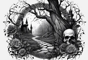 tattoo fool sleeve, destroyed dark gothic castle, tree roots break out of the chains, broken mask, roses tattoo idea