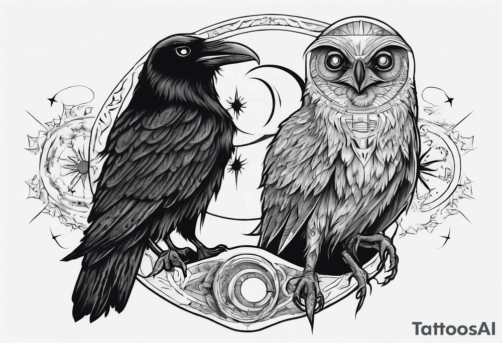 Cunning Raven with the Sun. Wise Owl on the right with Moon. tattoo idea