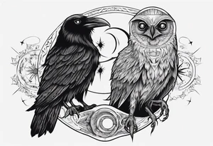 Cunning Raven with the Sun. Wise Owl on the right with Moon. tattoo idea
