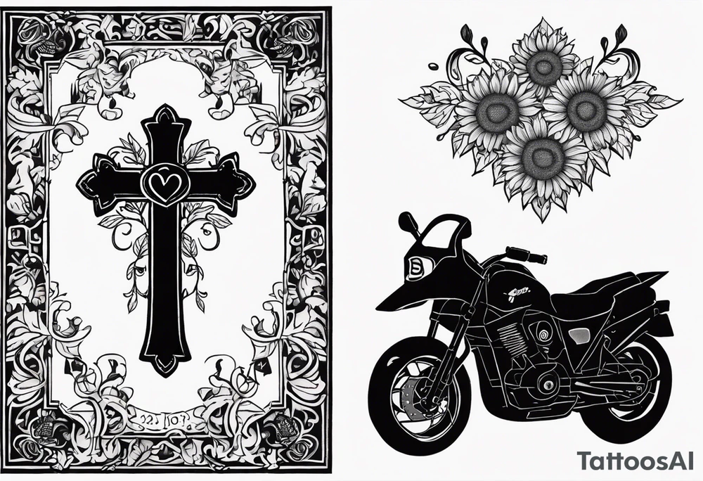 A cross with my family’s names on it names are Peter Lori Kyle and peter around Peter’s  name put a motercycle and a bear around loris name put a sunflower and a heart and around Kyle’s name put a baseball and electricity tattoo idea