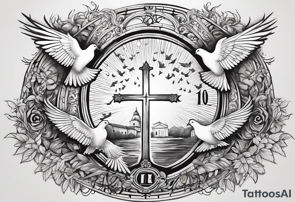A Cross with doves in the rays of sun with the date 08/21/2024 in Roman numerals in it tattoo idea