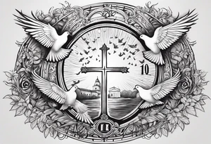 A Cross with doves in the rays of sun with the date 08/21/2024 in Roman numerals in it tattoo idea