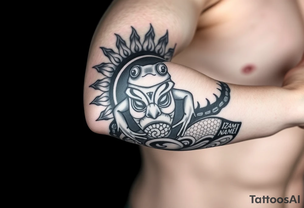 [ Elbow Cap ]
↑   Sun with tribal rays wrapping around
↑   Shark tooth band & wave divider
↑   Central panel: Coquí frog in tribal style
↑   Spiral swirl (Taíno) near vein-side
↑   Marquesan-style fish scale panel
↑   Zemi spirit mask or face
↑   Spearhead band near wrist
[ Wrist ] tattoo idea