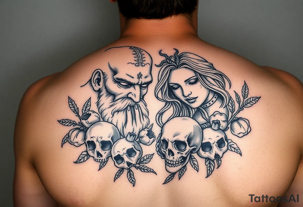 Hades and Persephone with pomegranate’s and skulls tattoo idea