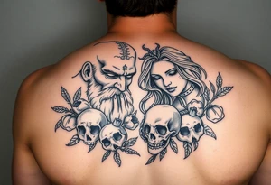 Hades and Persephone with pomegranate’s and skulls tattoo idea