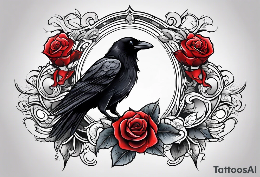 Crow standing holding a red rose tattoo idea