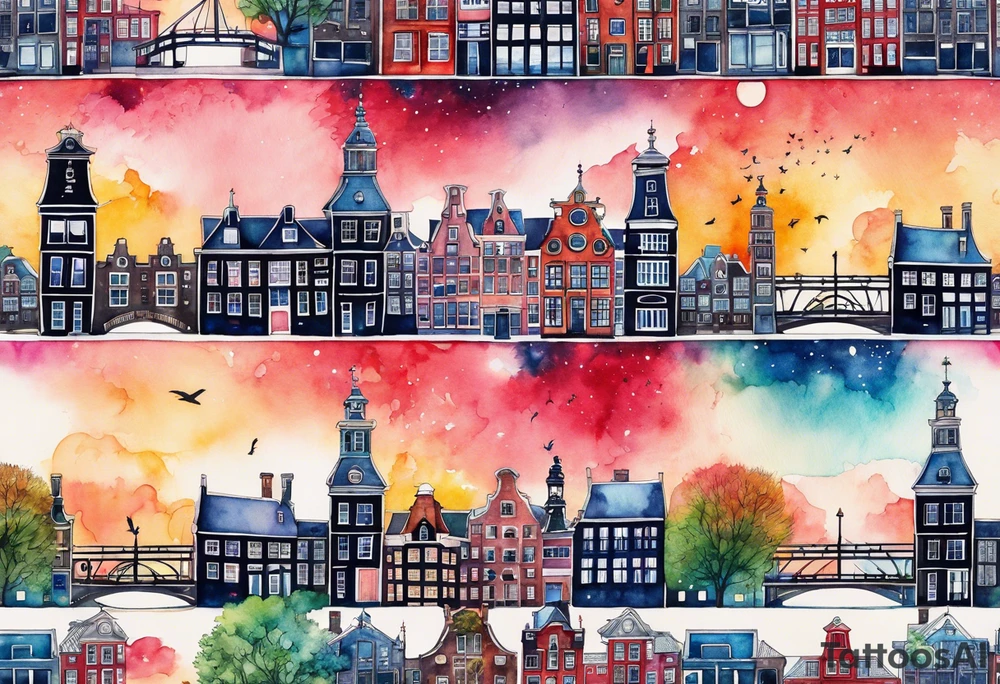 watercolour of animals made from glass in Amsterdam featuring Amsterdam buildings and Amsterdam canal in galaxy colours featuring pineapples as space colours tattoo idea