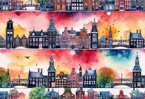 watercolour of animals made from glass in Amsterdam featuring Amsterdam buildings and Amsterdam canal in galaxy colours featuring pineapples as space colours tattoo idea