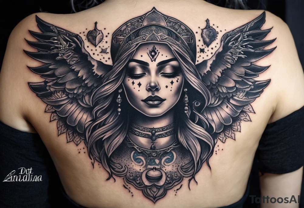 black kali, goddess pirate, alien, angel, pachamama, valkrye, warrior, flying, skull, lotus azul, wing, eagle, zenza resonance, stars, 5D, anahata chakra, death, durga, riding on a tiger, flying lady, kundalini, chest tatoo tattoo idea