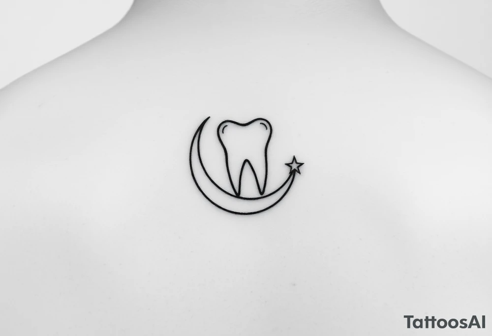 Delicate line-art molar tooth resting on a slender crescent moon with a tiny star at the tip, very fine outlines, almost no shading, subtle and graceful tattoo idea