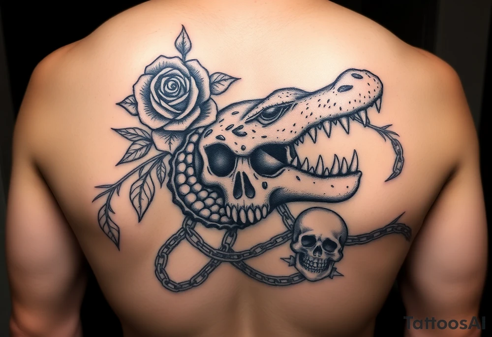 gothic fairy tale vibe we talked about: dark, thorny roses, skulls peeking through shadows, a bit of wild creature energy. Not perfect matches, but imagine tweaking 'em—rose from the eye, gator coiled like a guardian. This one's got that moody frame, vines creeping in—easy to swap in your Tudor rose and skull. Full-back chaos with skulls and chains... add the alligator jaws clamping down, and boom. tattoo idea