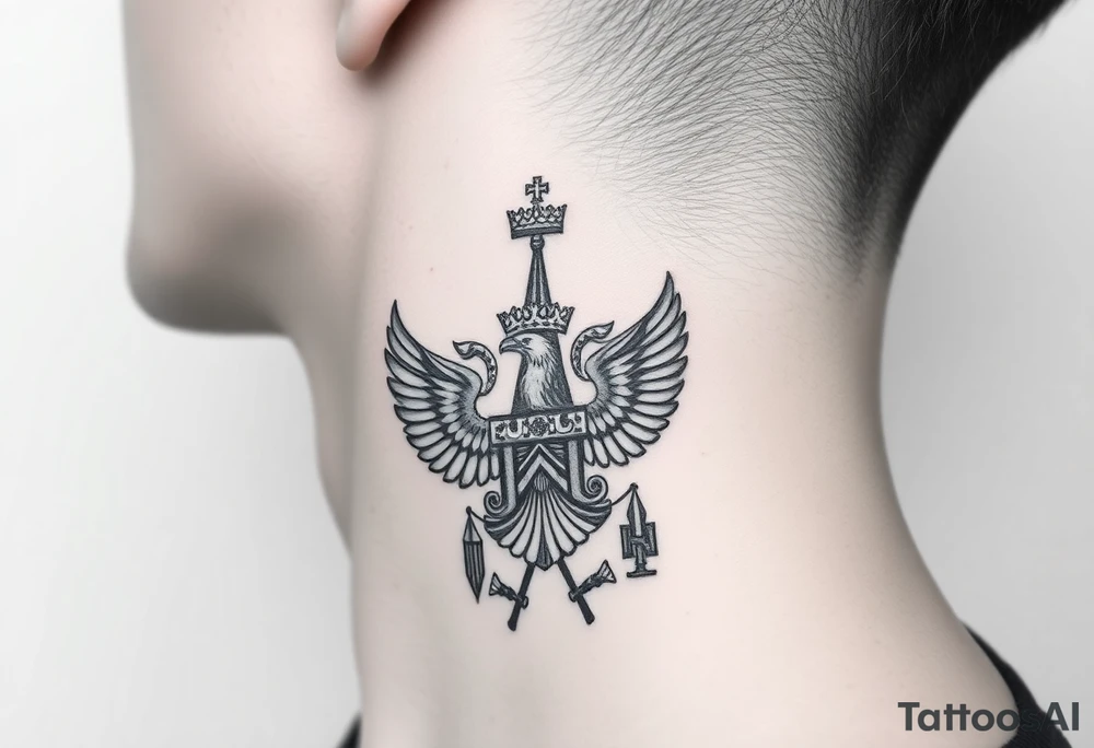 St. George, 3 russian imperial crowns above the Russian coat of arms double eagle and sitting above its wingspan sitting just above Kremlin or St. Basil's Cathedral scene  on the side of my neck tattoo idea