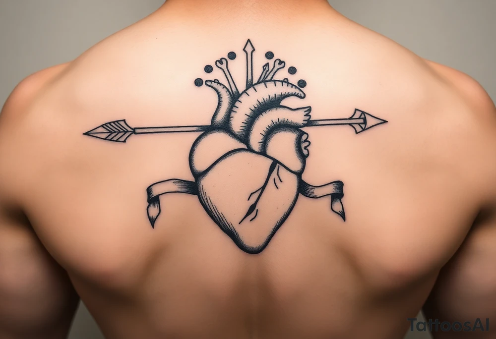 anatomical heart pierced by ornate arrow with flowing ribbons tattoo idea