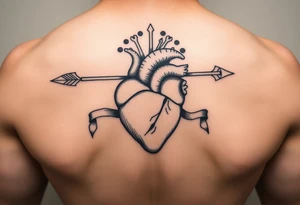 anatomical heart pierced by ornate arrow with flowing ribbons tattoo idea