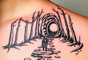 A boy walking up a forest path, DnD inspired, broken down carriage, tavern, glowing tunnel tattoo idea