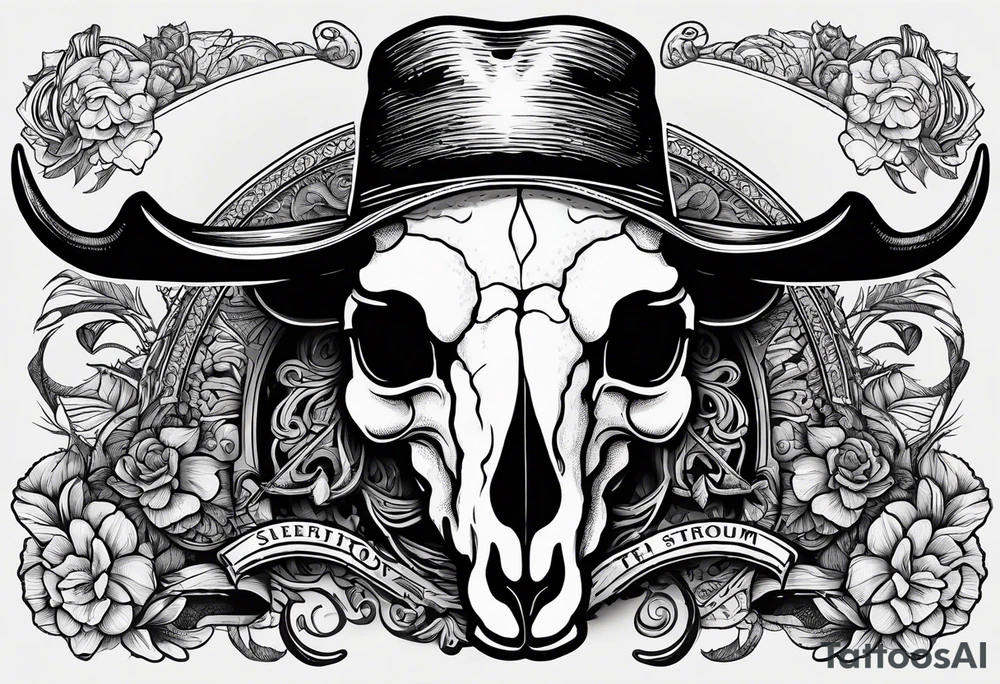 A sheep skull with cowboy hat hanging off the end of one of the horns and the words sleep through the storm tattoo idea