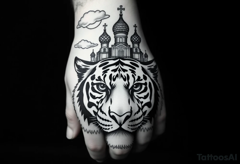 Realistic tiger face on the back of the hand with its eyes ALL black and no pupils, sitting beneath a Russian Orthodox cathedral sitting above on the top fore arm with onion domes and orthodox crosses. with clouds above and a virgin mary tattoo idea