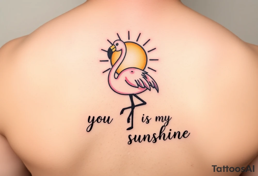 Cute cartoonish Flamingo with a sun and the saying you are my sunshine with colors tattoo idea