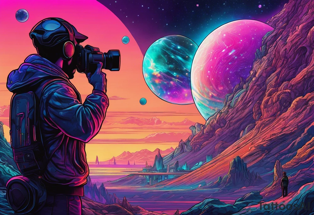 Full Back, synthwave, colossal Alien entities and space stuff, small human on The foreground in awe of The sheer scale of The infinite universe tattoo idea