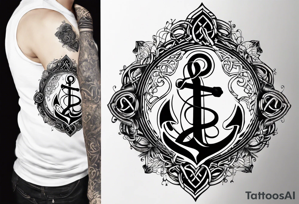 Celtic styling, anchor, bass clef note, treble clef note, dog paw print, half sleeve, forearm tattoo idea
