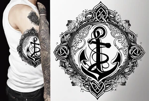 Celtic styling, anchor, bass clef note, treble clef note, dog paw print, half sleeve, forearm tattoo idea