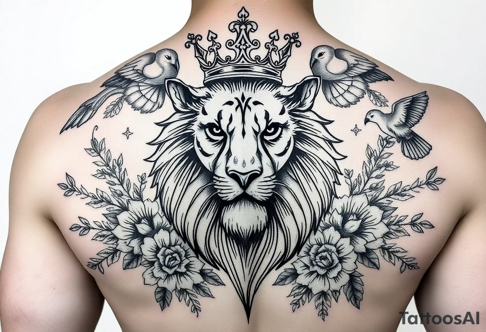 powerful majestic lion with a crown, surrounded by floral ornaments and birds tattoo idea