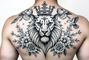 powerful majestic lion with a crown, surrounded by floral ornaments and birds tattoo idea