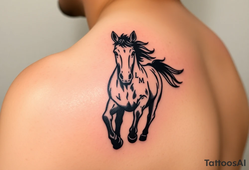horse silhouette 
from the front which gallops from the front, with the 3 small letters discreetly integrated: L, A, M tattoo idea