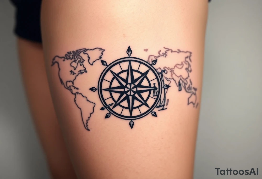 antique compass rose overlaid on weathered world map with sailing ships tattoo idea