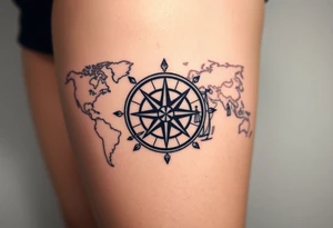 antique compass rose overlaid on weathered world map with sailing ships tattoo idea