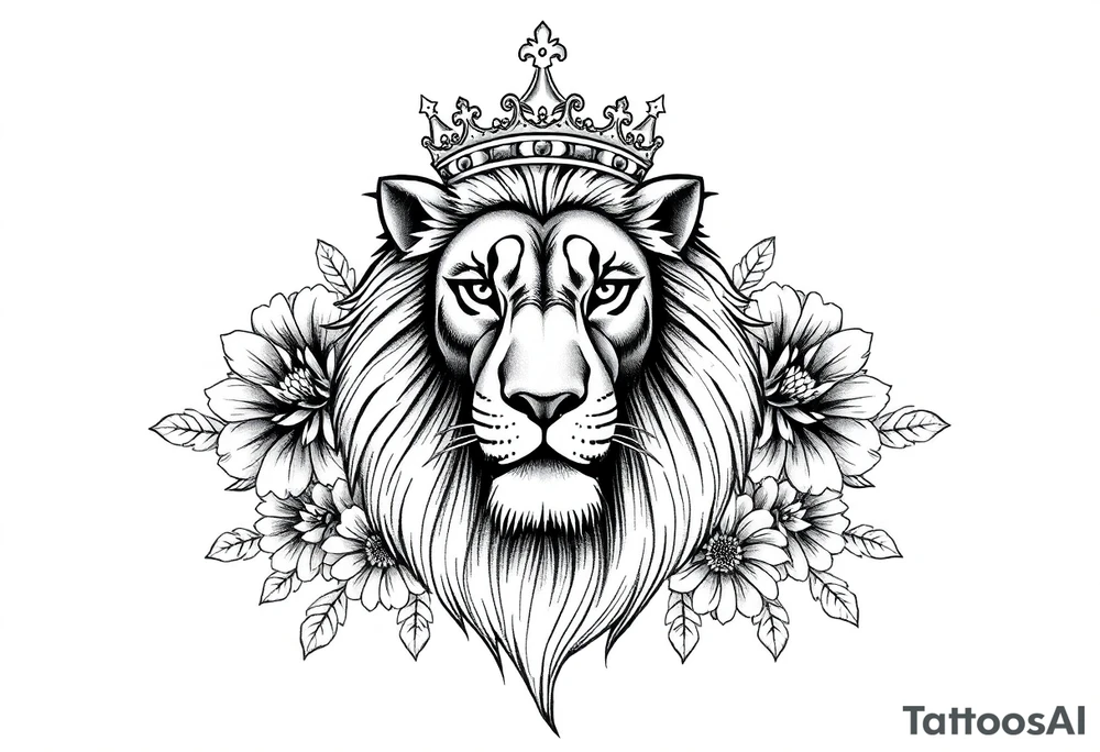 powerful majestic lion with a crown, surrounded by dahlia ornaments tattoo idea