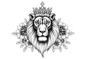 powerful majestic lion with a crown, surrounded by dahlia ornaments tattoo idea