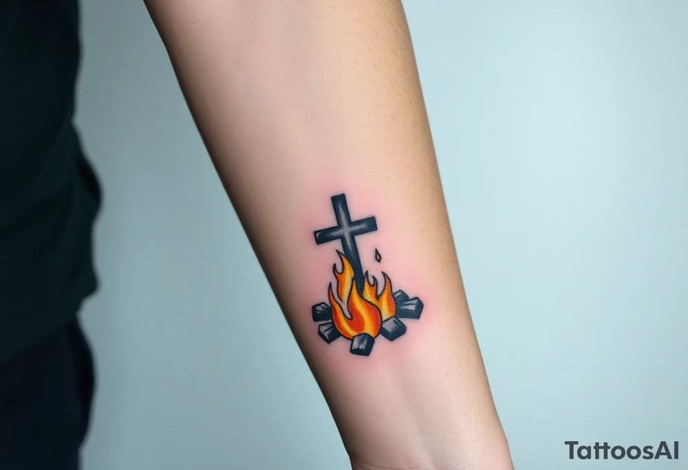 Campfire with cross include the great outdoors and night sky make sure cross doesn't look like it is on fire tattoo idea