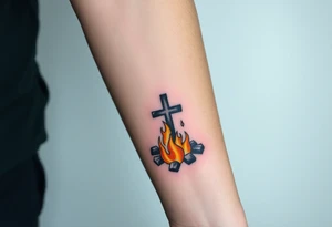 Campfire with cross include the great outdoors and night sky make sure cross doesn't look like it is on fire tattoo idea