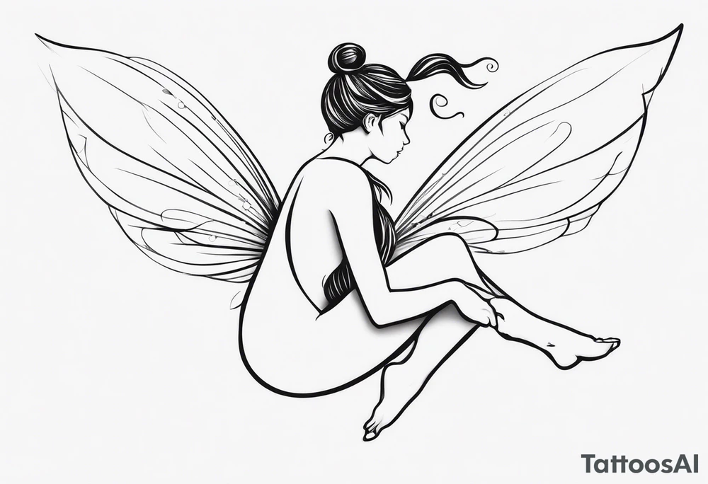 Minimalistic, monochromatic fairy with a tail flying to the left in a fetal position, leaning and looking in the same direction, with visible hands, embodying the 'Fairy Tail' logo aesthetic. tattoo idea