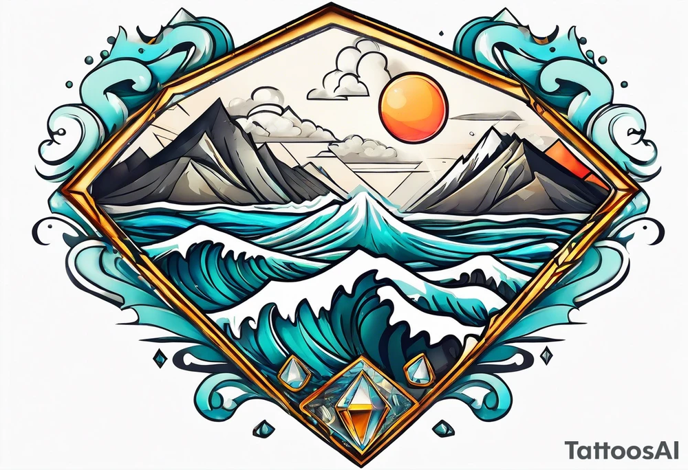 Mountains and big ocean waves  crashing diamond shape half and half tattoo idea