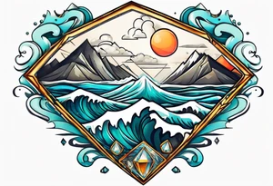 Mountains and big ocean waves  crashing diamond shape half and half tattoo idea