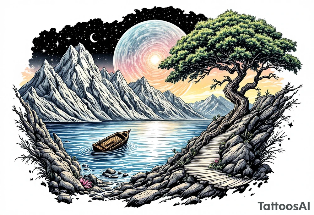 tattoo that has an acacia tree with mountains, ocean with a ship wreck and the northern star tattoo idea