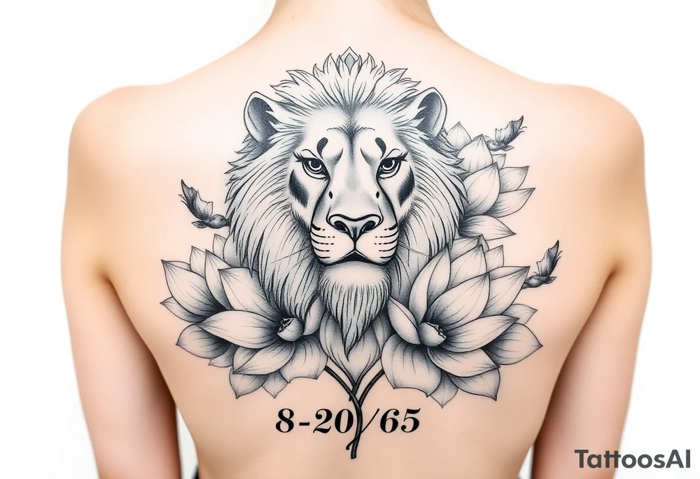 lion face as one of the lotus flowers then the rest blooming lotus flowers in mist with the date 8/20/65 for sleeve tattoo idea