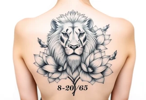 lion face as one of the lotus flowers then the rest blooming lotus flowers in mist with the date 8/20/65 for sleeve tattoo idea