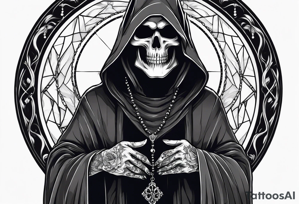 Grim reaper holding rosary with creepy design sleeve tattoo idea