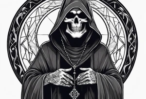 Grim reaper holding rosary with creepy design sleeve tattoo idea